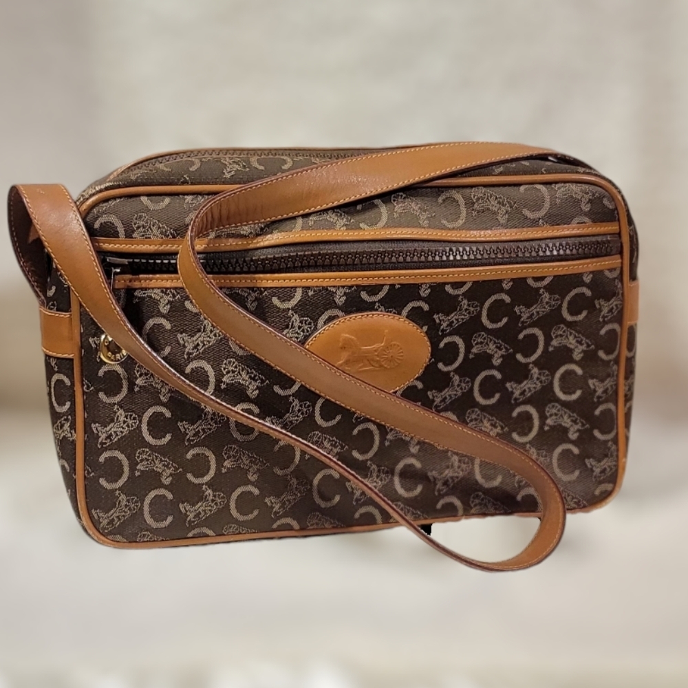 Authentic CELINE C Horse Carriage Shoulder  Bag Canvas Leather Brown